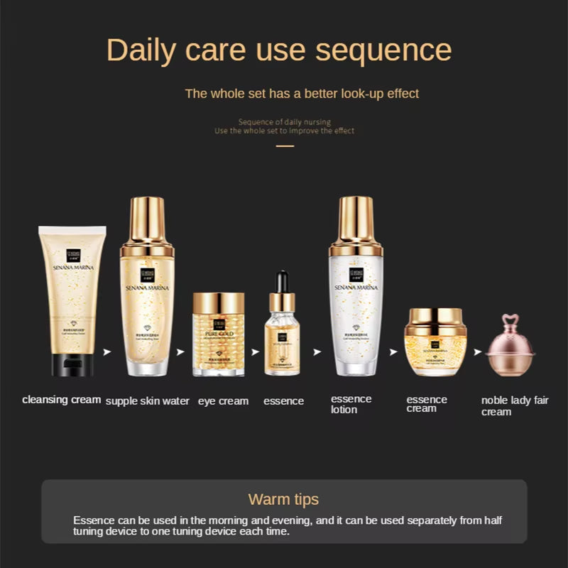 Women 24K Gold Skin Care Set 9PCS with Box Face Toner Essence Cream Nicotinamide Anti-Aging Wrinkles Serum Facial Cleanser Kit