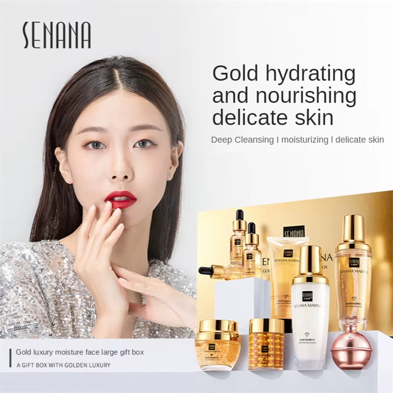 Women 24K Gold Skin Care Set 9PCS with Box Face Toner Essence Cream Nicotinamide Anti-Aging Wrinkles Serum Facial Cleanser Kit