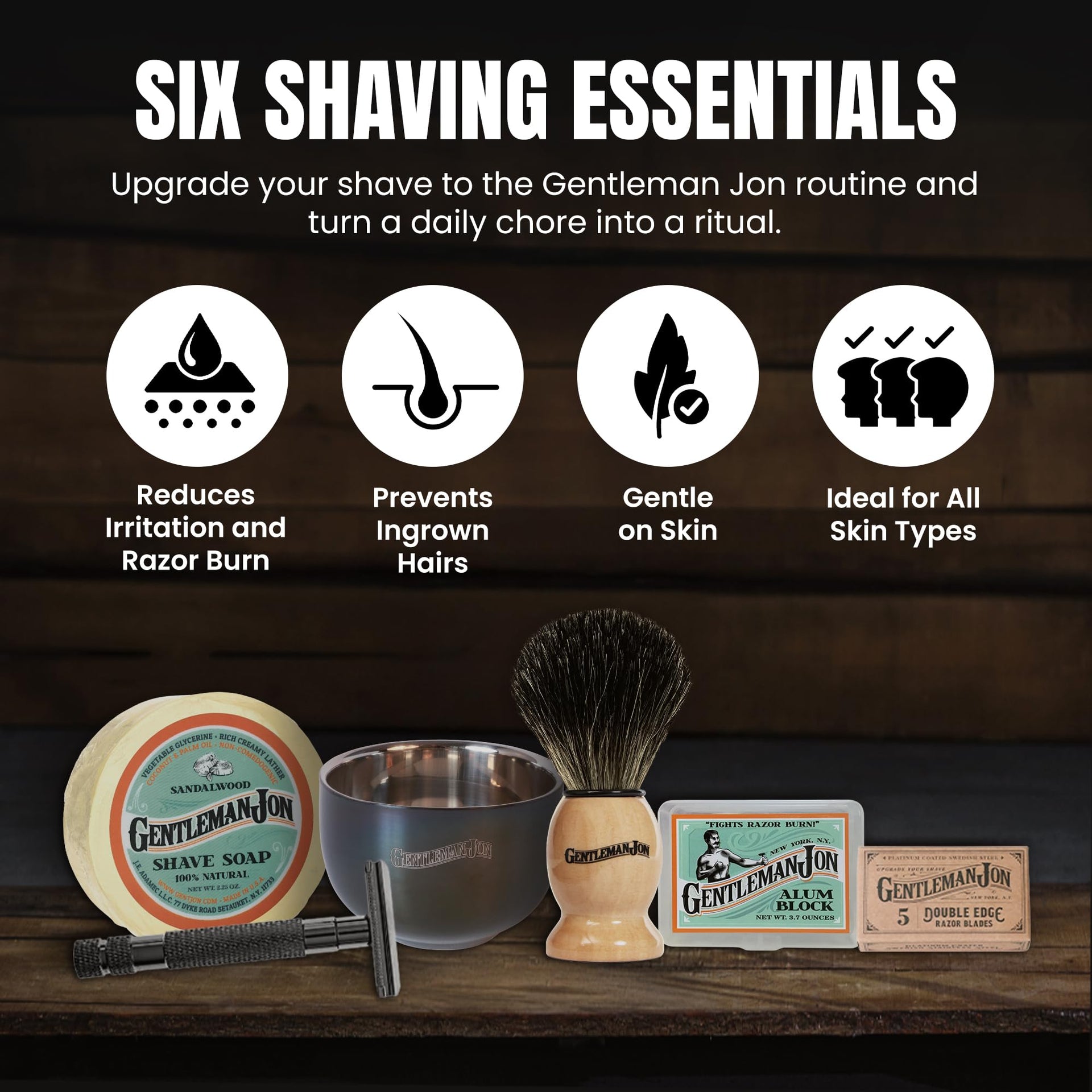 Gentleman Jon Safety Razor Shaving Kit | Vintage Wet Shave Grooming Set for Men - Includes: Safety Razor, Hair Shaving Brush, Alum Block, Shave Soap, Bowl & Double Edge Razor Blades
