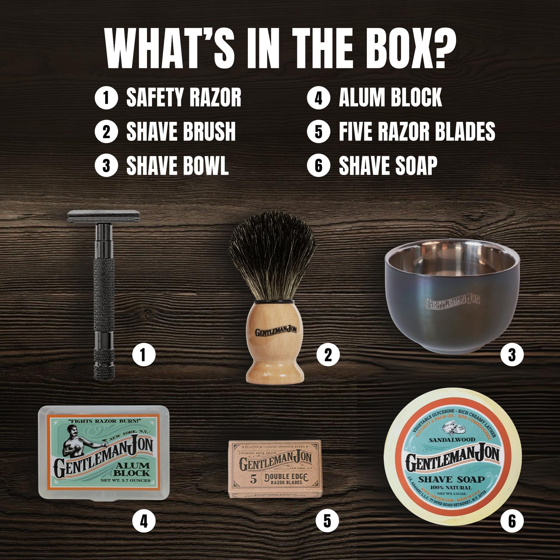 Gentleman Jon Safety Razor Shaving Kit | Vintage Wet Shave Grooming Set for Men - Includes: Safety Razor, Hair Shaving Brush, Alum Block, Shave Soap, Bowl & Double Edge Razor Blades