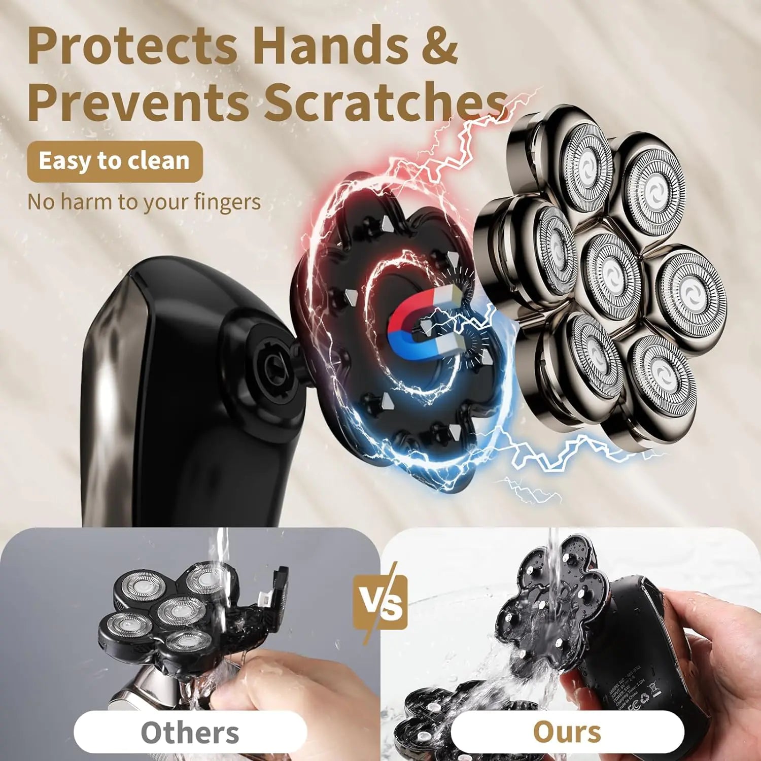 Detachable Head Shavers, SHPAVVER 5-in-1 Electric Razor IPX7 Waterproof for Bald Men, Wet/Dry LED Display Rechargeable 7D Rotary Shaver Grooming Kit with Type-C Charge (A) Brown